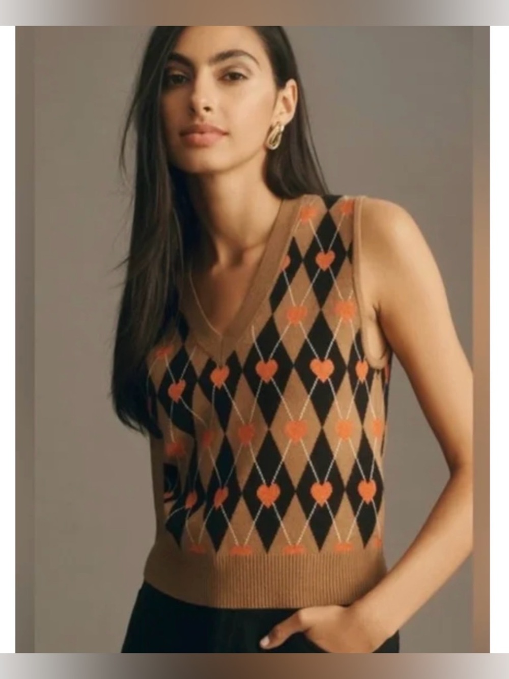 Maeve Anthropologie V-Neck Argyle Vest with glittery pink Hearts - XL